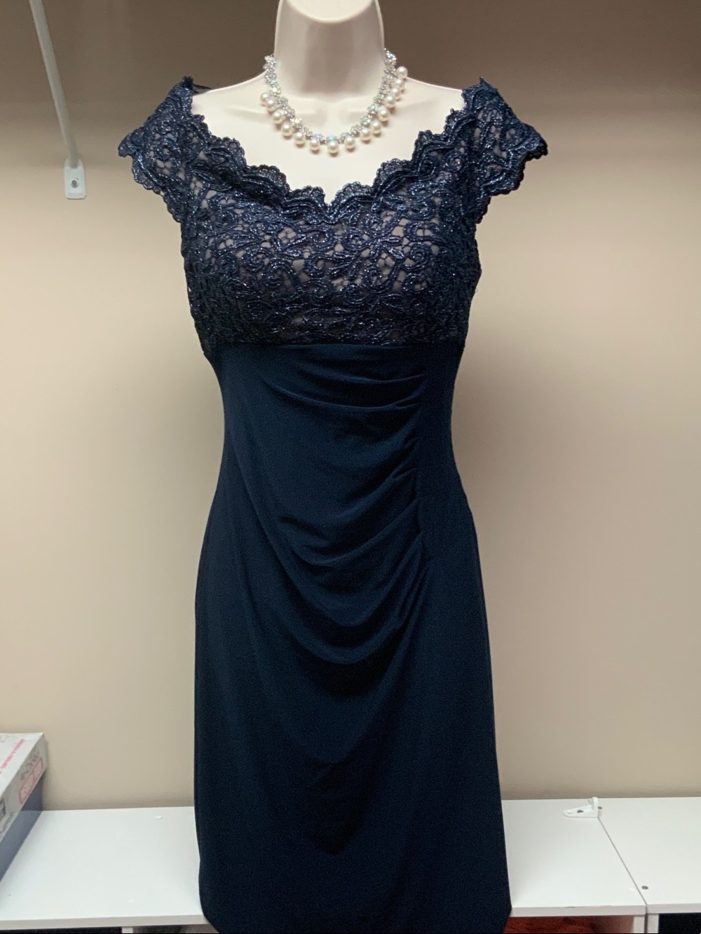Navy Lace Bodice Sheath Dress